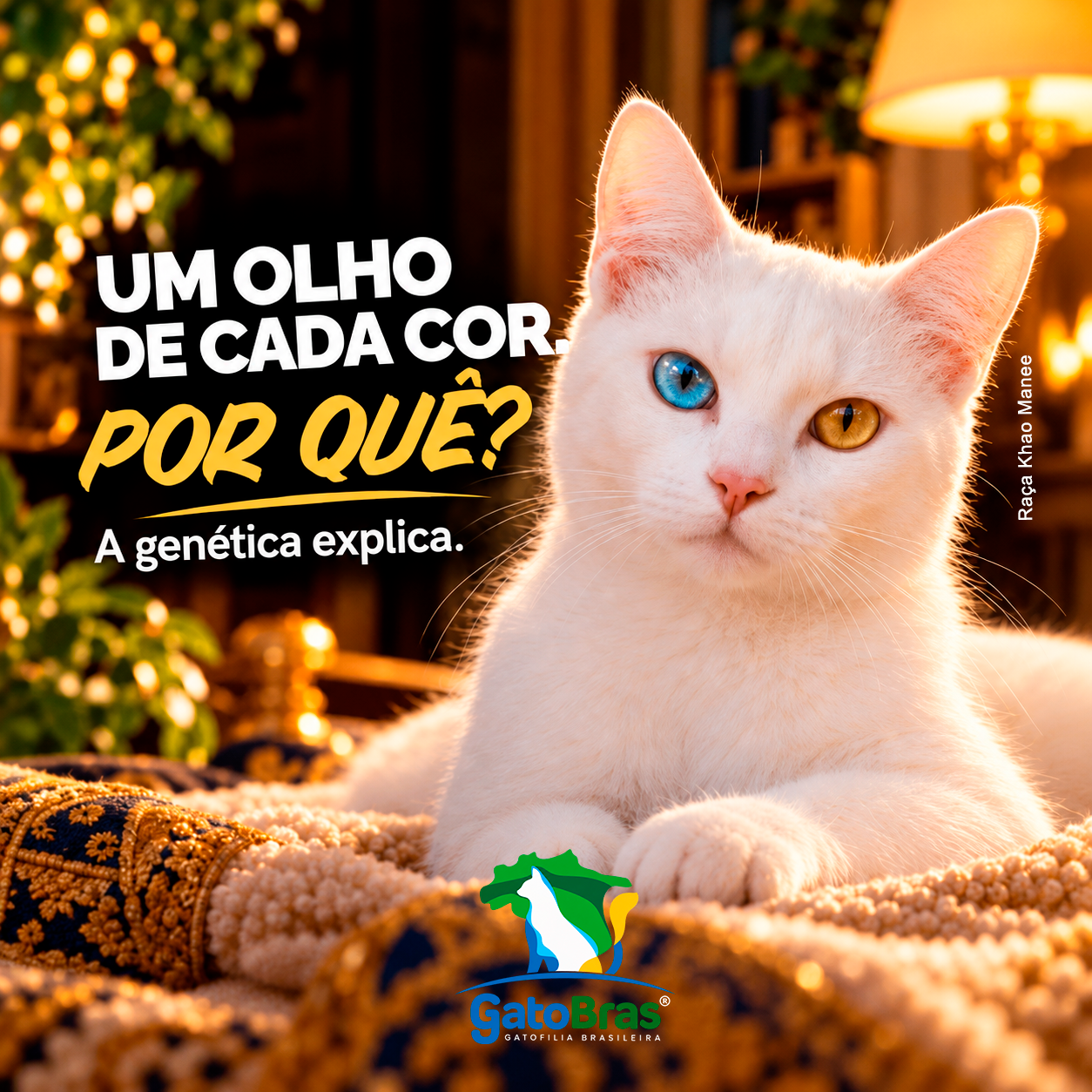Gato branco Khao Manee com heterocromia, apresentando um olho azul e outro dourado