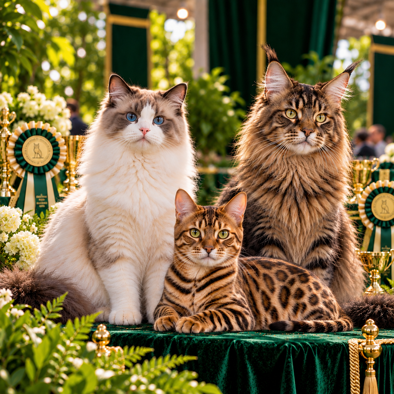 Maine Coon e British Shorthair em um jardim